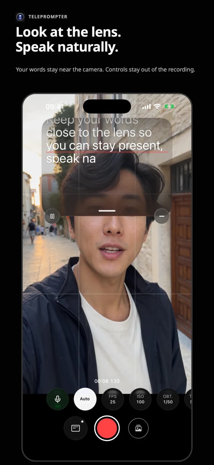 Teleprompter positioned near the iPhone lens
